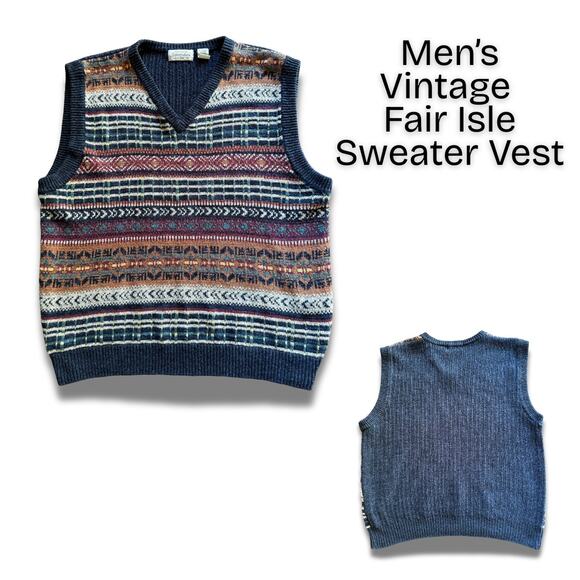 Vintage 90s Men's Fair Isle Sweater Vest SILK Cotton Preppy Old Money Collegiate - Picture 1 of 10